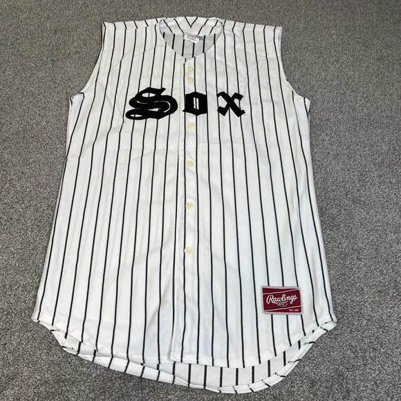 Sox Jersey Mens Medium White Black Baseball Pinstripe Button Front 18 Sleeveless - Picture 1 of 13
